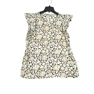 LOFT Blouse Women's M Cream Black Abstract Stone Print Short Flutter Sleeve